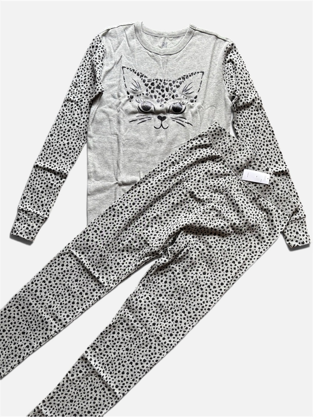 GAP Gray Leopard Cat Kids Cotton Pajama Set | Size 14 | NWT